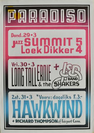 Long Tall Ernie & The Shakers,  Hawkwind & Richard Thompson Concert Poster 1973