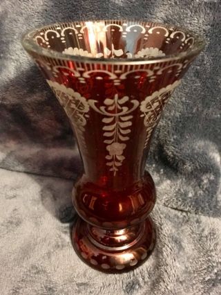 Egermann Antique Ruby Red Cut Etched Glass Vase Large Heavy 7 " Tall C - 1890 - 1900