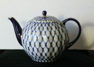 Large Lomonosov Imperial Russian Cobalt Net 22k Gold Porcelain Teapot 8 Cups