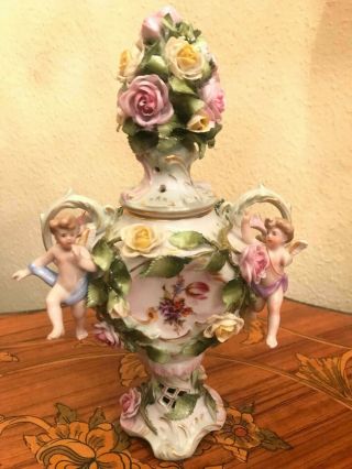 Antique German Von Schierholz Porcelain Potpourri Urn Cherubs