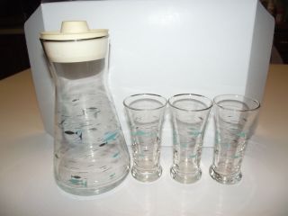 4pc Decanter & 3 Juice Glasses Vintage Mcm Libbey Atomic Fish Juice Glasses