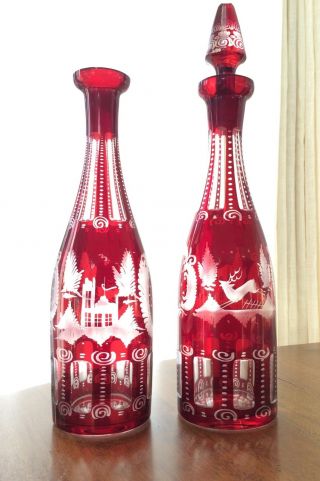 Pair (2) Tall Bohemian Crystal Decanter Ruby Cut To Clear Decanter Stag Egermann