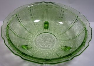 Green Depression Glass 10 " 3 Toed Footed Bowl - Cherry Blossom By Jeanette C.  1930s