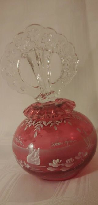 Fenton Cranberry Glass Perfume Bottle Swans Mary Gregory Signed