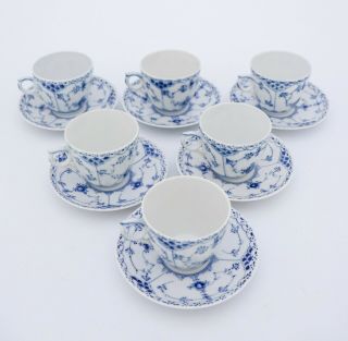 6 Cups & Saucers 756 - Blue Fluted Royal Copenhagen - Half Lace - 2:nd Quality 3