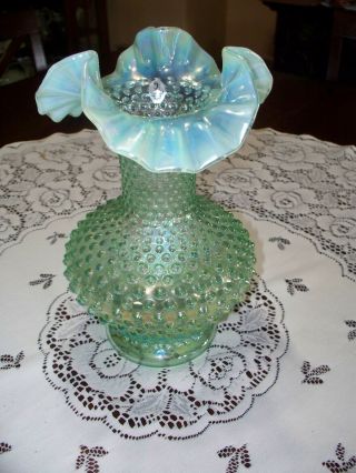 Fenton Glass 11 " Iridescent Ruffled Hobnail Vase In Light Green