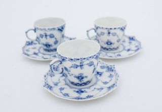 3 Cups & Saucers 1038 - Blue Fluted Royal Copenhagen - Full Lace 1:st Quality