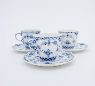 3 Cups & Saucers 1038 - Blue Fluted Royal Copenhagen - Full Lace 1:st Quality 2