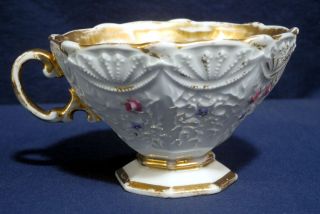 Antique 18th Century Meissen Crossed Swords Pink Rose Blue Flower Cup,  Saucer 2