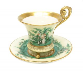 Berlin Kpm German Hand Painted Porcelain Footed Cup & Saucer,  Courting Scenes