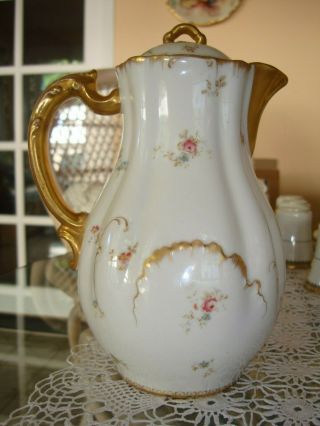 Antique Haviland Limoges Chocolate / Coffee / Tea Pot,  Flowers & Gold,  8 3/4 "