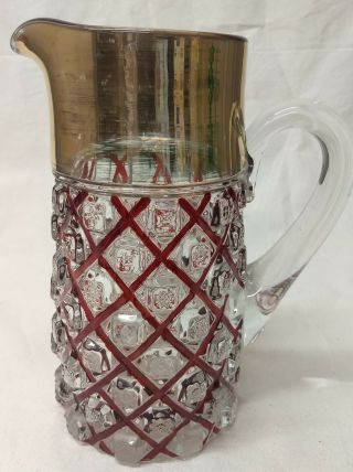 Eapg Cambridge Nearcut Ribbon Signed Ruby Stained Gold Glass 9 " Tankard Pitcher
