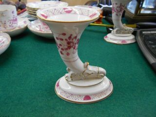 Pair Meissen Horn Of Plenty Pink Floral Vases 4 1/2 Inches Tall One