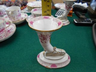 PAIR MEISSEN HORN OF PLENTY PINK FLORAL VASES 4 1/2 INCHES TALL ONE 5
