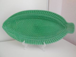 Vintage French Sarreguemines Majolica Fish Platter Green Signed 1950 - Plate