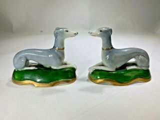Two Lovely Staffordshire Porcelain Recumbent Greyhounds C1830 Figurines
