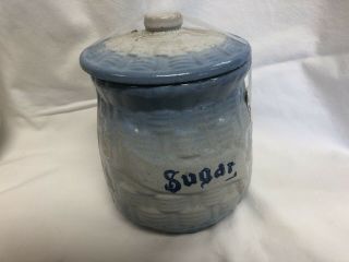 Antique Blue & White Stoneware Sugar Canister Jar Basketweave Brush Mccoy