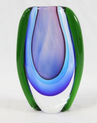 Murano Sommerso 7.  5” Art Glass Vase Blue Purple Green Clear Applied Flavio Poli