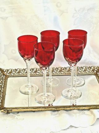 Magnificent Vintage Hand Crafted Ruby Red Wine Glasses Twisted Clear Stem
