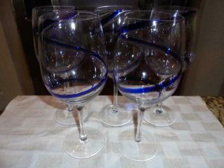 5 Pier 1 Swirline Cobalt Water Goblet Wine Glasses Low Fast Shpng