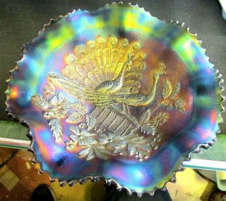 Antique Northwood Peacocks On The Fence Purple Stippled Carnival Glass Ruff Bowl