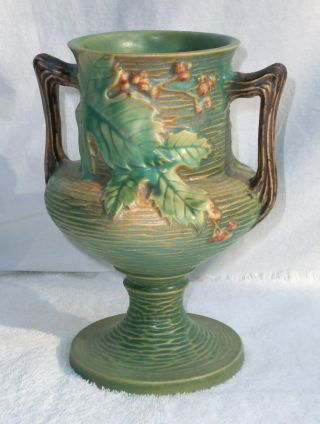 Vtg 1940s Roseville Bushberry Vase 157 - 8 " Green 2 - Handled Trophy Pedestal