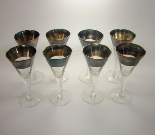 Vintage Mcm Dorothy Thorpe Style Sterling Silver Rimmed Cordial Glasses Set Of 8