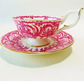 Coalport Porcelain Cup And Saucer Puce Red Baskets Swags Florentine Design