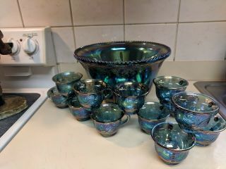 Vintage Blue Harvest Grape Carnival Glass Punch Bowl And 12 Matching Cups