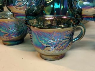 Vintage Blue Harvest Grape Carnival Glass Punch Bowl And 12 Matching cups 3