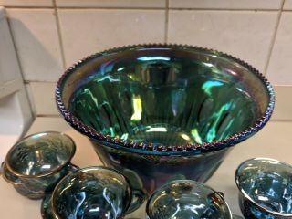 Vintage Blue Harvest Grape Carnival Glass Punch Bowl And 12 Matching cups 4