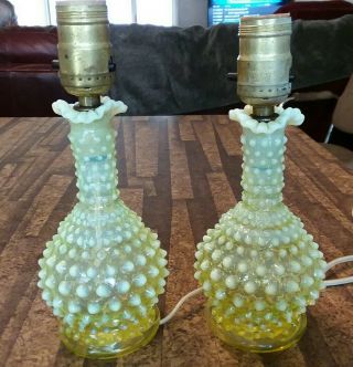 Fenton Hobnail Vaseline Glass Lamp Pair Uranium Glass Opalescent Yellow,  Vintage