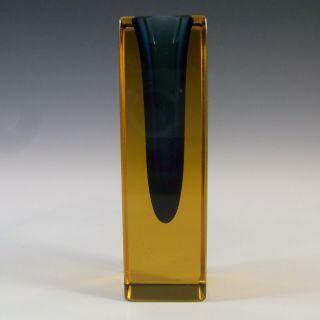 Murano Vintage Faceted Blue & Amber Sommerso Glass Block Vase
