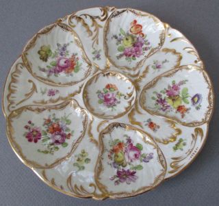 Antique DRESDEN HP Porcelain OYSTER Plate Colorful FLOWERS GILT Trim HIRSCH 2