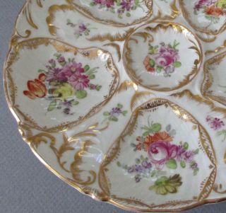 Antique DRESDEN HP Porcelain OYSTER Plate Colorful FLOWERS GILT Trim HIRSCH 4