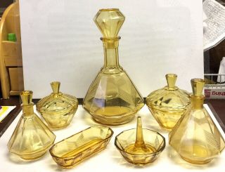 Vintage Amber Glass Vanity Dresser Set Perfume Bottles Trinket Art Deco 12pc