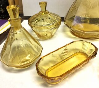 Vintage Amber Glass Vanity Dresser Set Perfume Bottles Trinket Art Deco 12pc 3