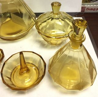 Vintage Amber Glass Vanity Dresser Set Perfume Bottles Trinket Art Deco 12pc 4