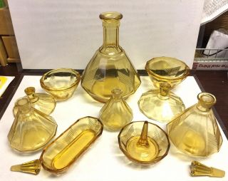 Vintage Amber Glass Vanity Dresser Set Perfume Bottles Trinket Art Deco 12pc 5