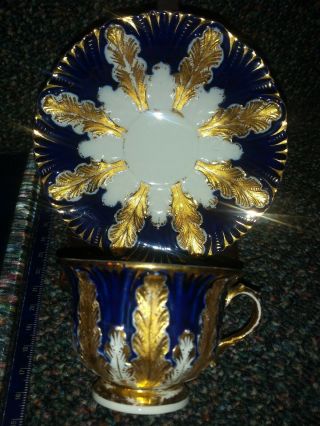 Cobalt Demitasse Meissen Porcelain 2 " Cup And Saucer Gold Molded Leaf