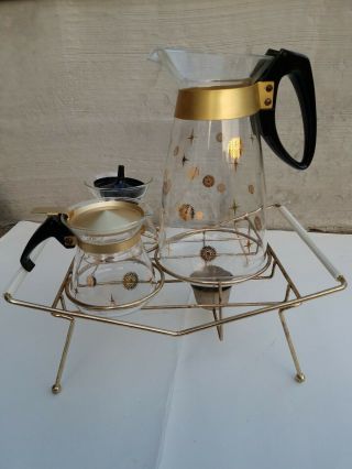 Vintage Mid Century Modern Pyrex Gold Coffee Pot Carafe Creamer Sugar Bowl Set