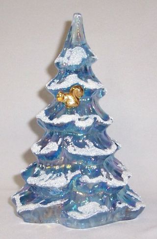 Fenton Glass Misty Blue Iridescent Christmas 6 1/4 " Tree W/squirrel