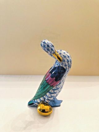 Herend Hungary Blue Fishnet Animal Figurine Duck Goose With Gold Egg 4 "