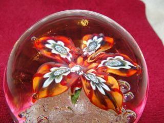 Authentic Vintage Murano Glass Paperweight Flower With Dew Drop Tips