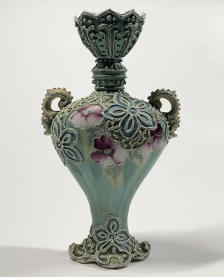 Antique 9 " Green Japanese Nippon Moriage Vase W/ Floral Decoration