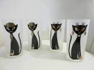 Vintage Mid Century Black Cat Drinking Glasses Set Of 4 Frosted Glass Tumblers