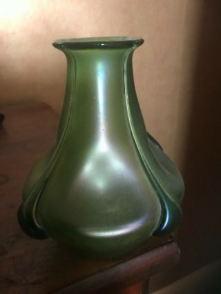 Loetz Iridescent Green Tadpole Vase Art Nouveau 6 Inch Tall C1900
