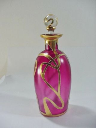 Antique Victorian Moser Art Glass Cranberry W Gold Gilt Perfume Bottle 1900,  / -