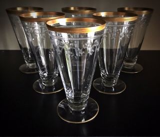 6 Rare Unique Vintage Fine Gold Rim Etched Ribbed Water/beer Glasses - 6 1/8”