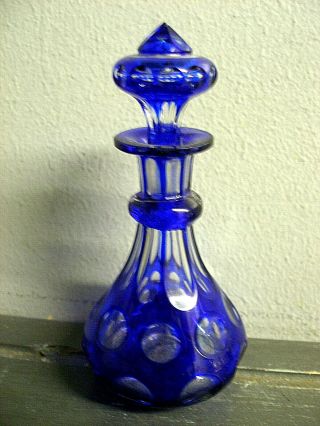Antique Czech Bohemian Cobalt Blue Cut To Clear Perfume Bottle & Stopper